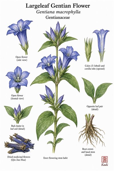 Botanical illustration of Largeleaf Gentian Flower, Gentiana macrophylla, showing leafy stems, tubular flowers, buds, and diagnostic gentian details.