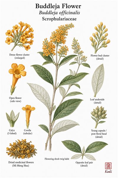 Botanical illustration of Buddleja Flower, Buddleja officinalis, showing flowering twig, opposite leaves, clustered tubular flowers, and diagnostic floral details.