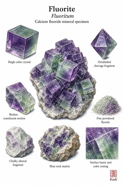 Scientific specimen plate of Fluorite, Fluoritum, showing crystal clusters, cleavage fragments, powder, and diagnostic mineral details.