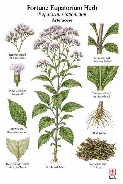 Botanical illustration of Fortune Eupatorium Herb, Eupatorium japonicum, showing whole herb habit, leaves, flower heads, and diagnostic aromatic-herb details.