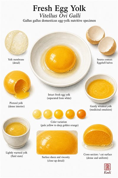 Scientific specimen plate of Fresh Egg Yolk, Vitellus Ovi Galli, showing intact yolk, emulsion, and diagnostic nourishment details.