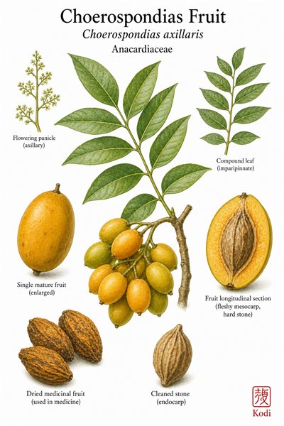 Botanical illustration of Choerospondias Fruit, Choerospondias axillaris, showing pinnate leaves, fruit cluster, ripe drupe, stone, dried medicinal fruit, and diagnostic plant details.