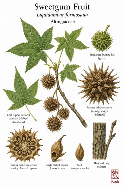Botanical illustration of Sweetgum Fruit, Liquidambar formosana, showing star-shaped leaves, stalked spiky infructescence, capsule detail, seed, and diagnostic plant details.
