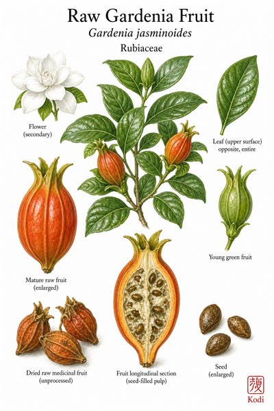 Botanical illustration of Raw Gardenia Fruit, Gardenia jasminoides, showing glossy leaves, white flower inset, ribbed orange fruit, raw dried fruit, seed section, and diagnostic plant details.