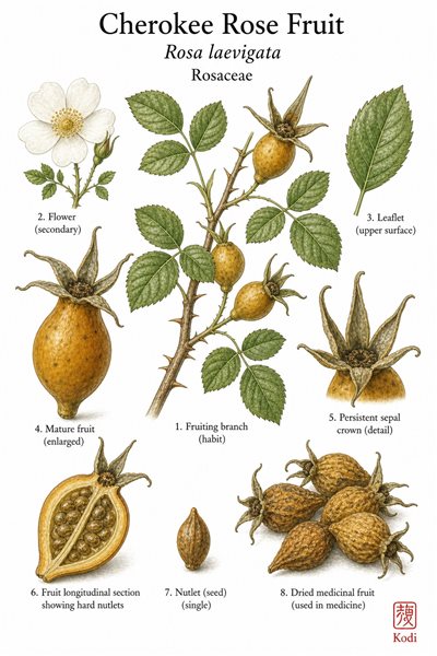 Botanical illustration of Cherokee Rose Fruit, Rosa laevigata, showing thorny branch, white flower inset, large rose hip, seed section, and diagnostic plant details.