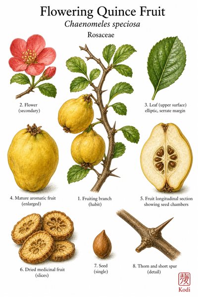 Botanical illustration of Flowering Quince Fruit, Chaenomeles speciosa, showing thorny shrub branch, blossom inset, yellow fruit, fruit section, dried slices, and diagnostic plant details.