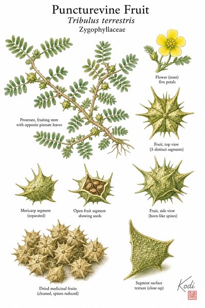Botanical illustration of Puncturevine Fruit, Tribulus terrestris, showing prostrate stems, thorny burr fruits, opened segments, and diagnostic plant details.