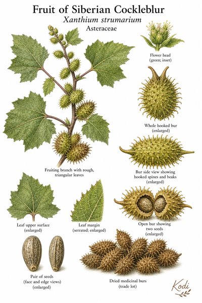 Botanical illustration of Fruit of Siberian Cockleblur, Xanthium strumarium, showing rough leaves, hooked bur fruits, open bur seeds, and diagnostic plant details.