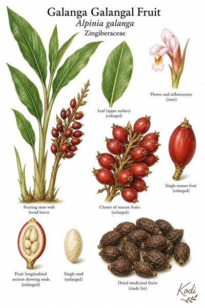 Botanical illustration of Galanga Galangal Fruit, Alpinia galanga, showing broad leaves, reddish fruits, seed section, and diagnostic plant details.