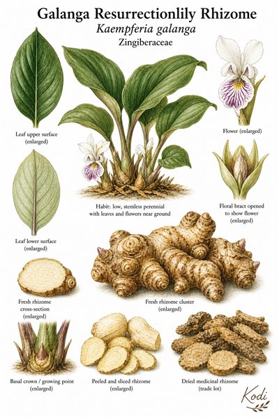 Botanical illustration of Galanga Resurrectionlily Rhizome, Kaempferia galanga, showing low leafy habit, flower, medicinal rhizome, and diagnostic plant details.