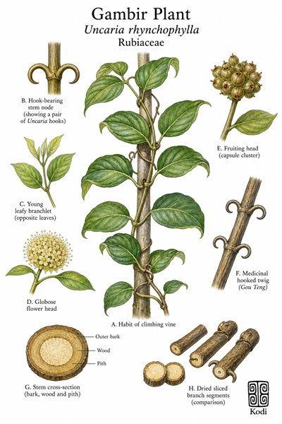 Botanical illustration of Gambir Plant, Uncaria rhynchophylla, showing hook-bearing vine stems, opposite leaves, flowering heads, medicinal twig material, and diagnostic plant details.