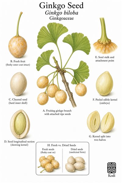Botanical illustration of Ginkgo Seed, Ginkgo biloba, showing fruiting branch, ripe seeds, shelled kernels, and diagnostic plant details.