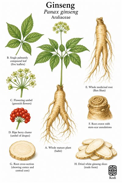 Botanical illustration of Ginseng, Panax ginseng, showing mature plant habit, red berries, medicinal root, and diagnostic plant details.