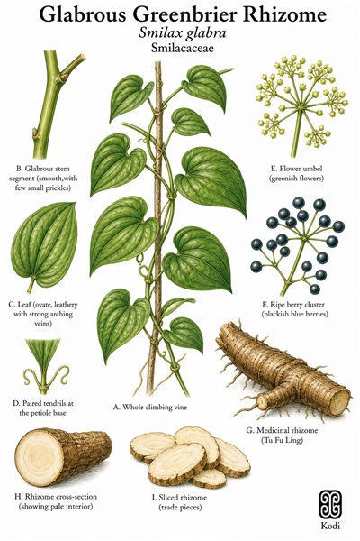Botanical illustration of Glabrous Greenbrier Rhizome, Smilax glabra, showing smooth climbing stems, tendrils, medicinal rhizome, and diagnostic plant details.