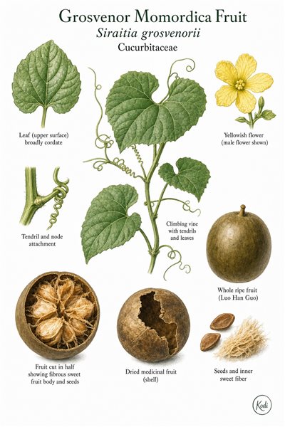 Botanical illustration of Grosvenor Momordica Fruit, Siraitia grosvenorii, showing climbing vine details, whole and cut fruits, and dried medicinal fruit anatomy.