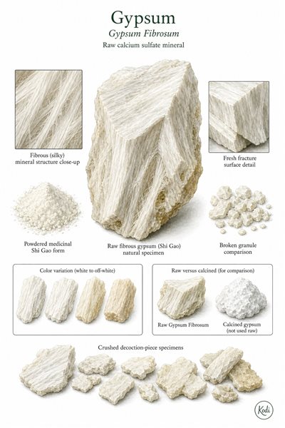 Scientific specimen plate of Gypsum, Gypsum Fibrosum, showing raw fibrous mineral pieces, powdered Shi Gao, and diagnostic material details.
