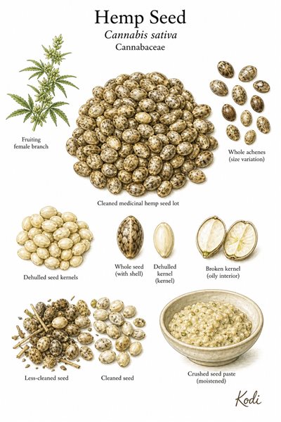 Botanical illustration of Hemp Seed, Cannabis sativa, showing cleaned medicinal seed lot, dehulled kernels, oily inner kernel detail, and diagnostic plant-source context.