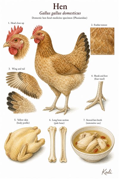 Scientific specimen plate of Hen, Gallus gallus domesticus, showing whole bird form, ordinary plumage, four-toed foot, pale bone, restorative broth, and diagnostic food-medicine details.