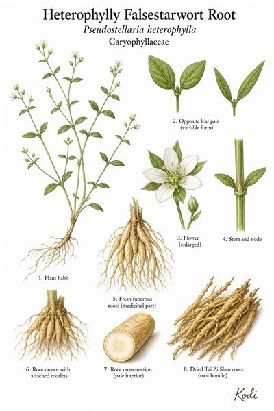 Botanical illustration of Heterophylly Falsestarwort Root, Pseudostellaria heterophylla, showing delicate plant habit, small white flowers, slender tuberous roots, and diagnostic medicinal root details.