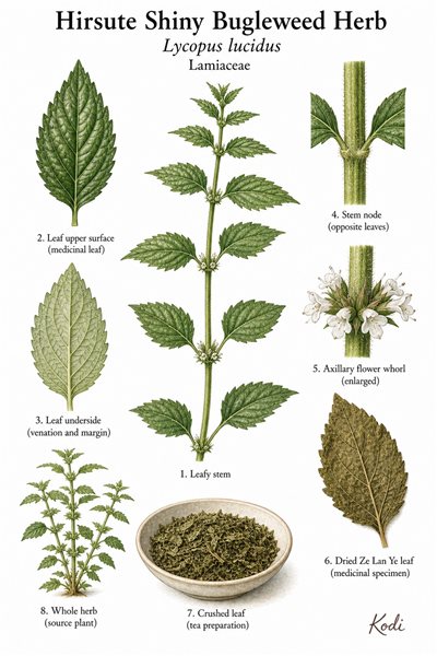 Botanical illustration of Hirsute Shiny Bugleweed Herb, Lycopus lucidus, showing medicinal leaves, flower whorls, dried Ze Lan Ye leaf material, and diagnostic plant details.
