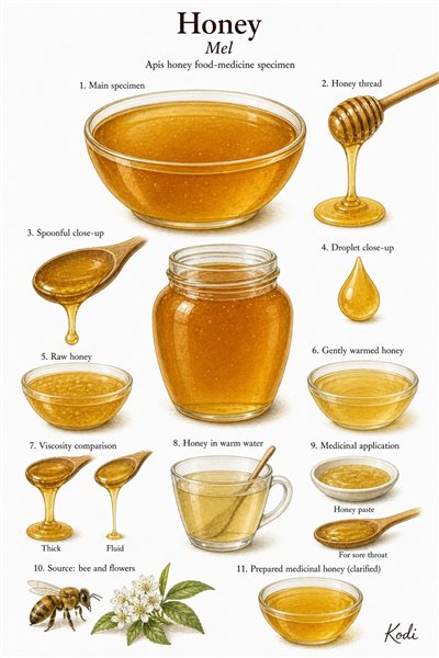 Scientific specimen plate of Honey, Mel, showing golden liquid honey, flow detail, raw versus warmed honey, and diagnostic food-medicine preparation details.