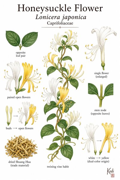 Botanical illustration of Honeysuckle Flower, Lonicera japonica, showing paired white-and-yellow open blossoms, dried Shuang Hua material, and diagnostic plant details.