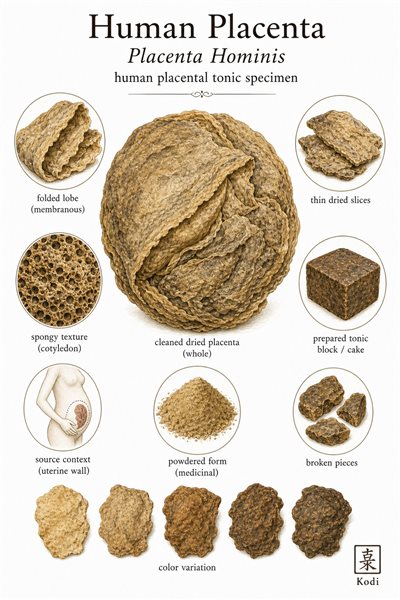 Scientific specimen plate of Human Placenta, Placenta Hominis, showing cleaned dried placental material, sliced and powdered forms, and diagnostic medicinal specimen details.