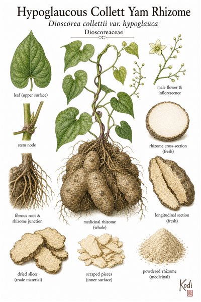 Botanical illustration of Hypoglaucous Collett Yam Rhizome, Dioscorea collettii var. hypoglauca, showing Fen Bi Xie vine context, medicinal rhizome, cut surfaces, and diagnostic rhizome details.