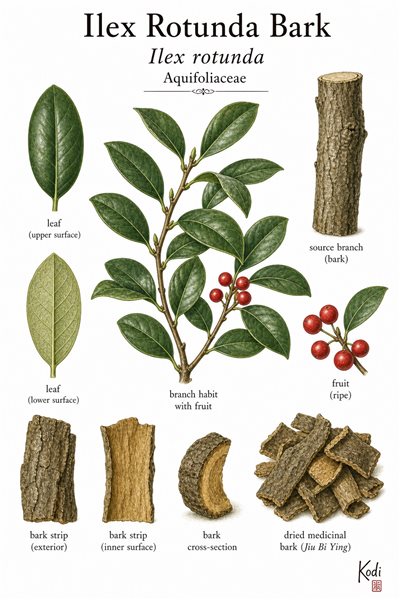 Botanical illustration of Ilex Rotunda Bark, Ilex rotunda, showing evergreen branch context, bark strips, bark cross-section, and diagnostic Jiu Bi Ying medicinal-bark details.