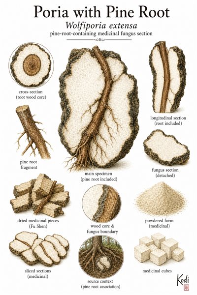 Scientific specimen plate of Poria with Pine Root, Wolfiporia extensa, showing Fu Shen section with pine root inclusion and diagnostic medicinal fungus details.