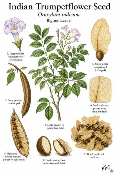 Botanical illustration of Indian Trumpetflower Seed, Oroxylum indicum, showing long pods, papery winged seeds, dried medicinal seed material, and diagnostic plant details.