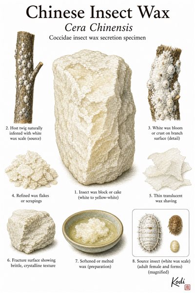 Scientific specimen plate of Chinese Insect Wax, Cera Chinensis, showing white insect-wax blocks, wax-coated host twig context, refined flakes, and diagnostic medicinal specimen details.