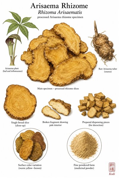Scientific specimen plate of Arisaema Rhizome, Rhizoma Arisaematis, showing warm processed Tian Nan Xing slices, pale interiors, and diagnostic medicinal specimen details.