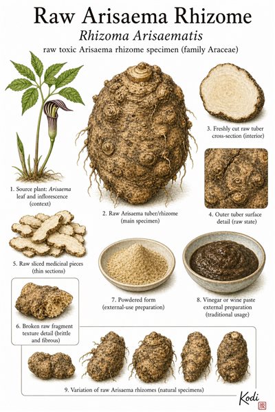 Scientific specimen plate of Raw Arisaema Rhizome, Rhizoma Arisaematis, showing raw tuber source context, cut surfaces, raw slices, and diagnostic Sheng Nan Xing material details.