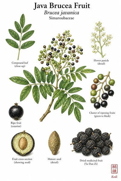 Botanical illustration of Java Brucea Fruit, Brucea javanica, showing pinnate leaves, ripening dark fruits, seed detail, and diagnostic Ya Dan Zi fruit material.