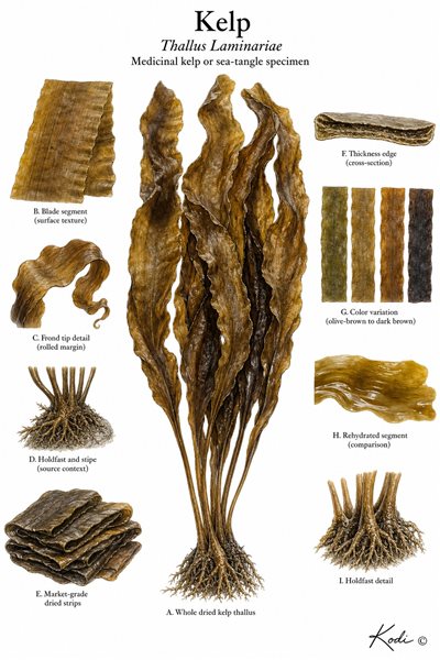 Scientific specimen plate of Kelp, Thallus Laminariae, showing dried sea-tangle blades, folded strips, surface texture, and diagnostic Kun Bu specimen details.