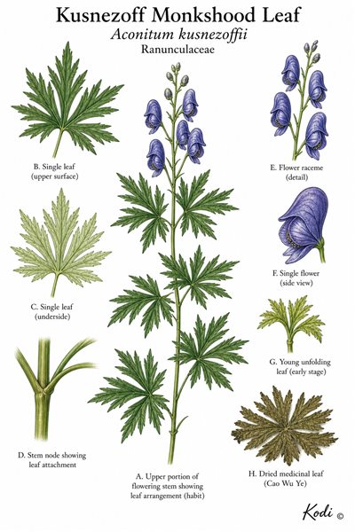 Botanical illustration of Kusnezoff Monkshood Leaf, Aconitum kusnezoffii, showing divided leaves, flowering stem context, dried leaf material, and diagnostic Cao Wu Ye details.