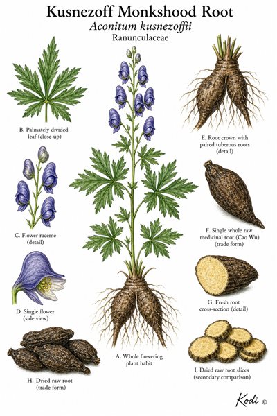 Botanical illustration of Kusnezoff Monkshood Root, Aconitum kusnezoffii, showing flowering habit, paired tuberous roots, raw medicinal root, and diagnostic Cao Wu details.