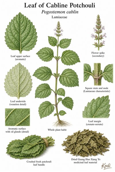 Botanical illustration of Leaf of Cabline Potchouli, Pogostemon cablin, showing broad aromatic leaves, square stem, dried Guang Huo Xiang Ye material, and diagnostic plant details.