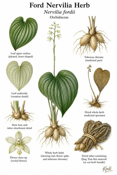 Botanical illustration of Ford Nervilia Herb, Nervilia fordii, showing heart-shaped leaf, tuber, dried Qing Tian Kui material, and diagnostic plant details.