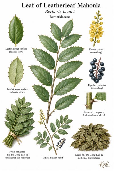 Botanical illustration of Leaf of Leatherleaf Mahonia, Berberis bealei, showing compound spiny leaves, flower and berry context, dried Shi Da Gong Lao Ye material, and diagnostic plant details.