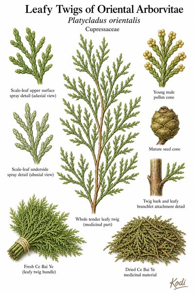 Botanical illustration of Leafy Twigs of Oriental Arborvitae, Platycladus orientalis, showing scale-like leafy twigs, cones, dried Ce Bai Ye material, and diagnostic plant details.