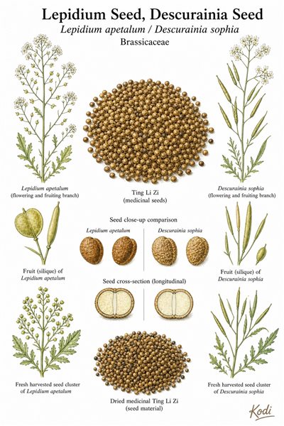 Botanical illustration of Lepidium Seed, Descurainia Seed, Lepidium apetalum / Descurainia sophia, showing medicinal seeds, source branches, siliques, and diagnostic Ting Li Zi details.