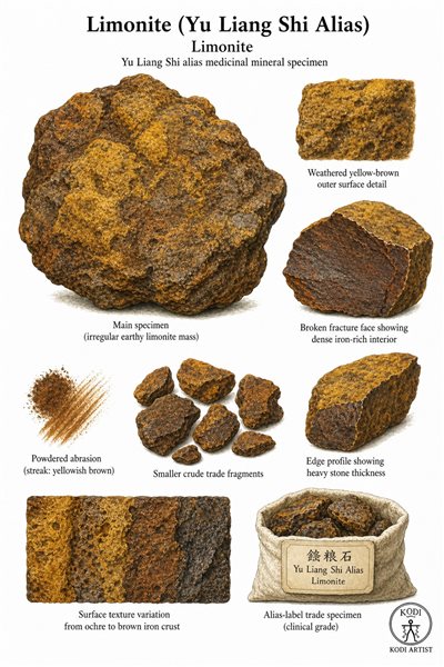 Scientific specimen plate of Limonite, showing irregular earthy Yu Liang Shi alias material, fracture face, powder abrasion, and diagnostic medicinal mineral details.