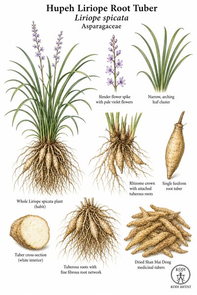 Botanical illustration of Hupeh Liriope Root Tuber, Liriope spicata, showing tufted plant habit, tuberous roots, dried Shan Mai Dong tubers, and diagnostic plant details.