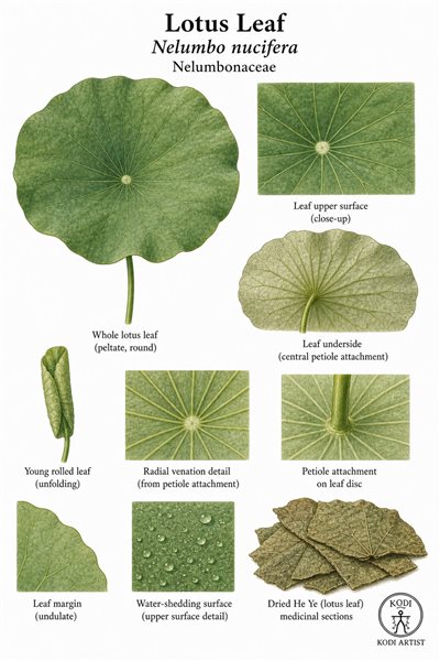 Botanical illustration of Lotus Leaf, Nelumbo nucifera, showing whole peltate leaf, underside attachment, dried He Ye material, and diagnostic plant details.