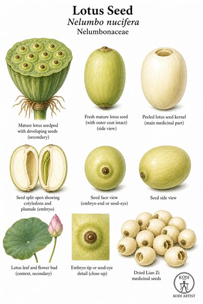 Botanical illustration of Lotus Seed, Nelumbo nucifera, showing seedpod, pale peeled kernels, dried Lian Zi material, and diagnostic plant details.