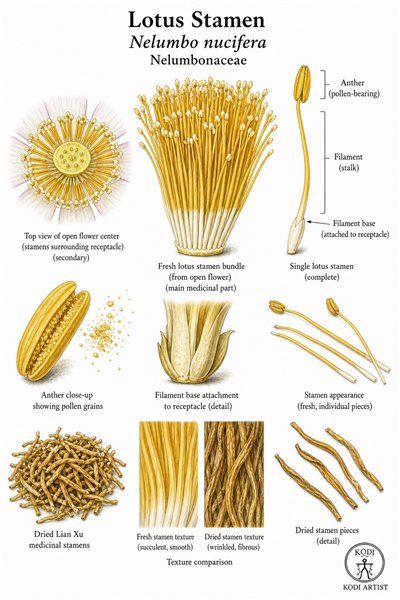 Botanical illustration of Lotus Stamen, Nelumbo nucifera, showing fresh and dried stamens, anther detail, pollen-bearing filaments, and diagnostic plant details.