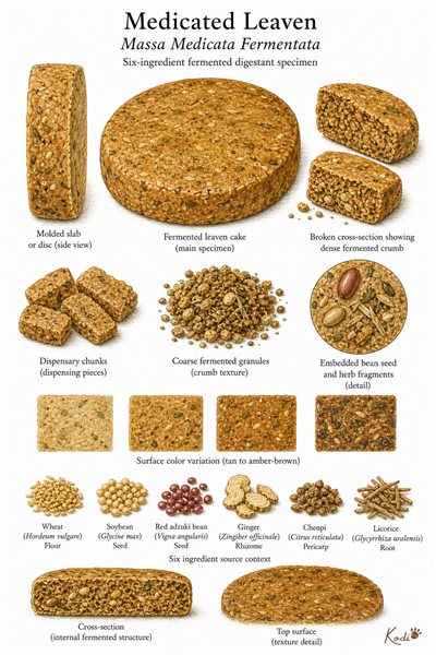 Scientific specimen plate of Medicated Leaven, Massa Medicata Fermentata, showing fermented cakes, ingredient flecks, broken crumb, and diagnostic digestant details.
