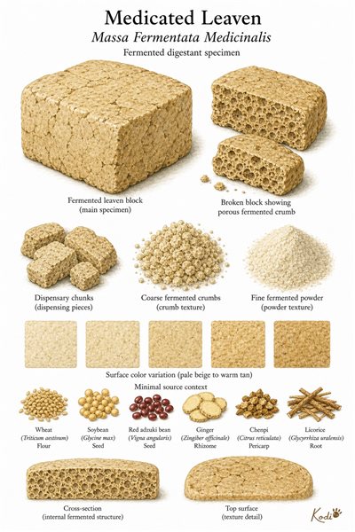 Scientific specimen plate of Medicated Leaven, Massa Fermentata Medicinalis, showing plain fermented blocks, porous crumb, and diagnostic Shen Qu details.